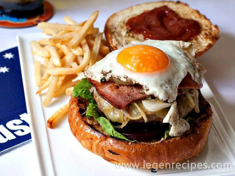 Burger with pickled beets and fried egg