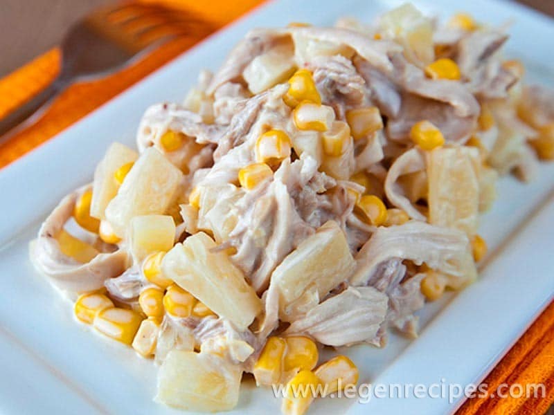 Recipe salad with pineapple and chicken and mushroom