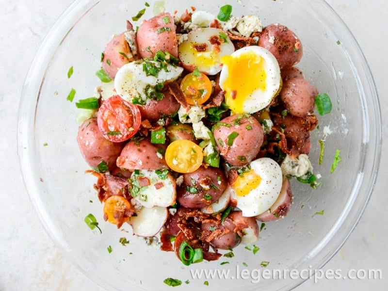 Bacon blue potato salad with soft boiled eggs