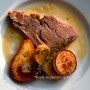 Braised Pork Roast with Onion Jus, Pears, Turnips and Potatoes
