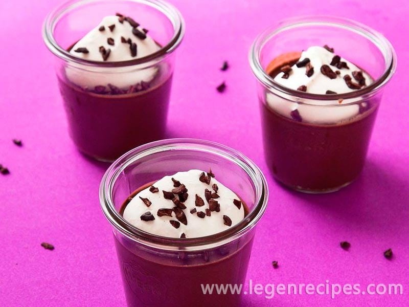 Fermented banana and dark chocolate pudding with cocoa nibs