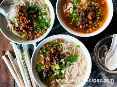 Hainanese Rice Noodle Soup with Pork and Pickled Bamboo
