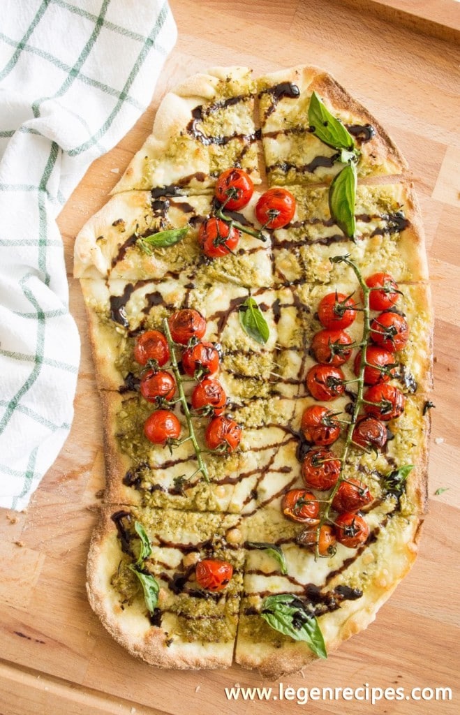 Blistered Caprese Pizza with Garlic Scape Pesto